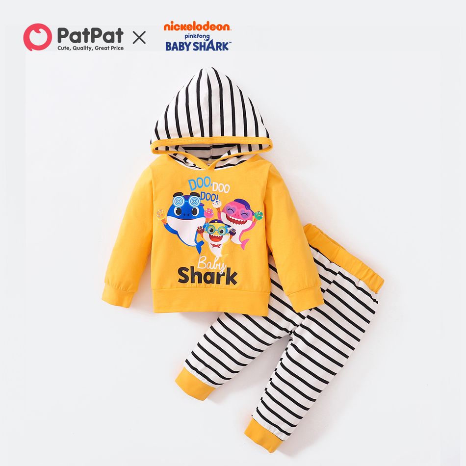 Baby Shark 2-piece Baby Boy Cotton Hooded and Stripe Pants Set Yellow