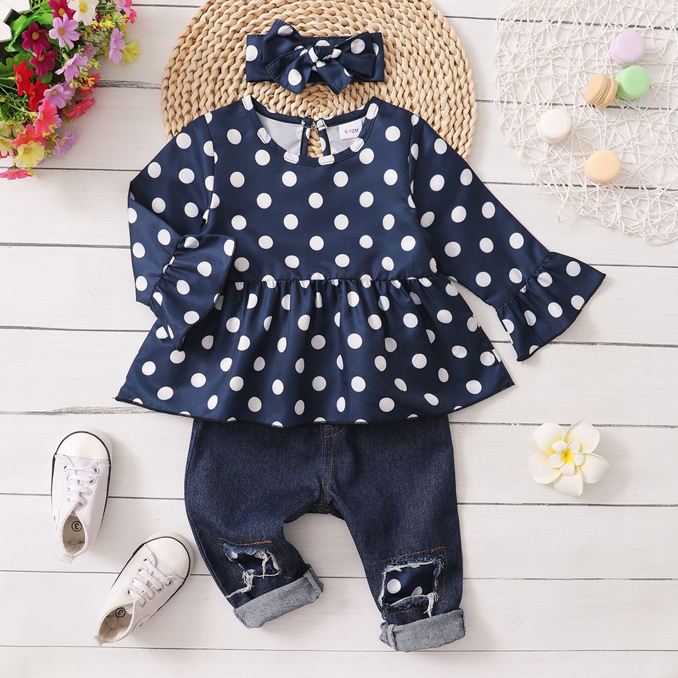 3pcs Baby All Over Polka Dots Navy Ruffle Bell Sleeve Top and Cotton Ripped Denim Jeans Set Navy big image 1