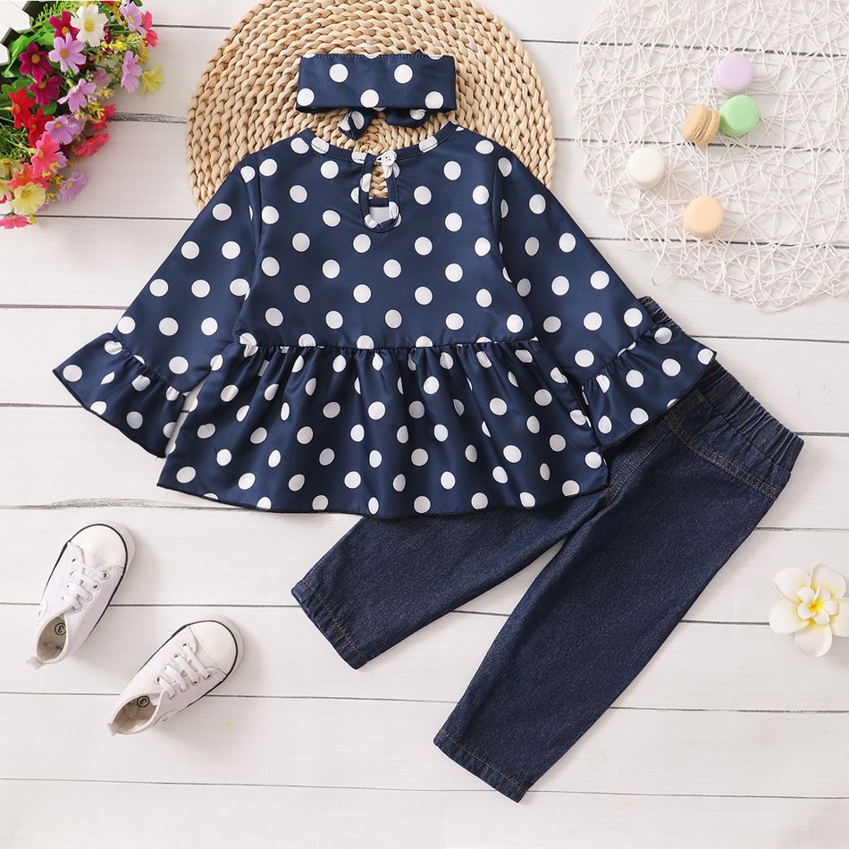 3pcs Baby All Over Polka Dots Navy Ruffle Bell Sleeve Top and Cotton Ripped Denim Jeans Set Navy big image 3