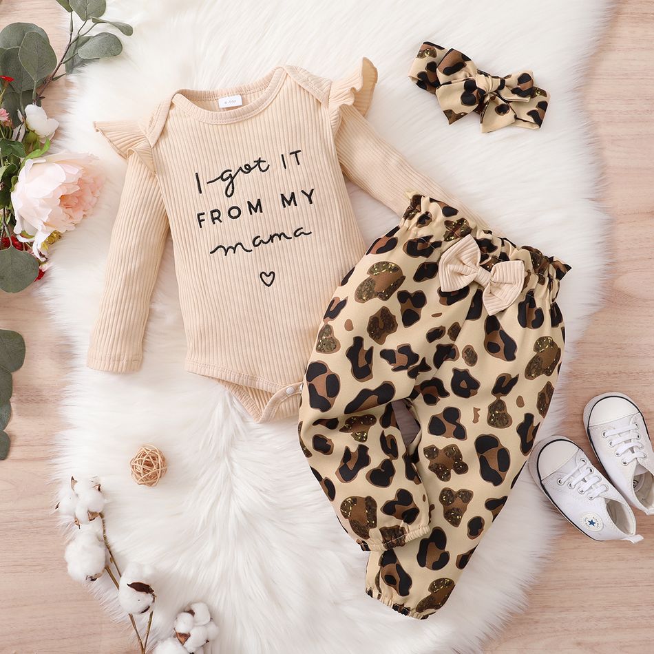 3pcs Baby Letter Embroidered Ruffle Long-sleeve Ribbed Romper and Leopard Pants Set Apricot big image 6