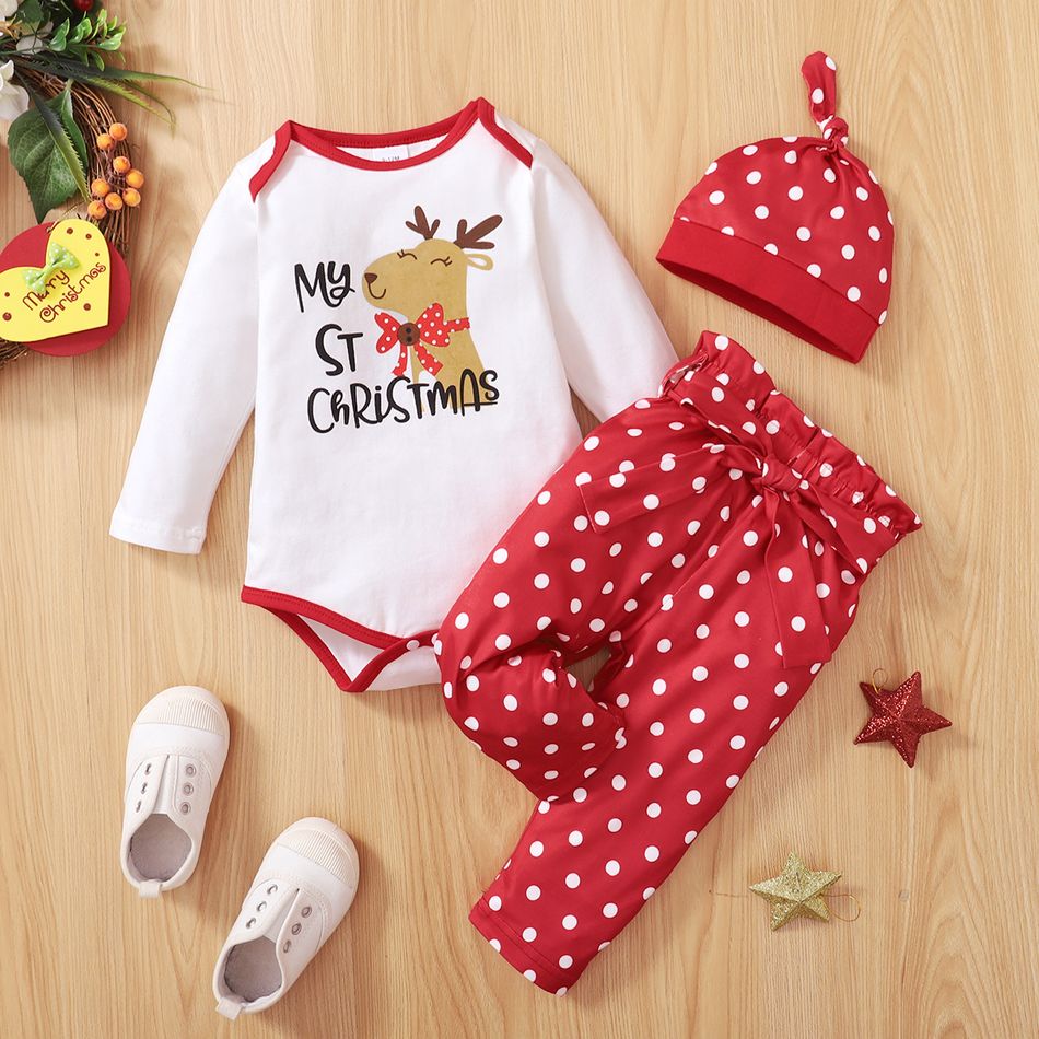 Christmas 3pcs Baby Girl Cartoon Deer and Letter Print Long-sleeve Romper with Polka Dots Trousers Set White