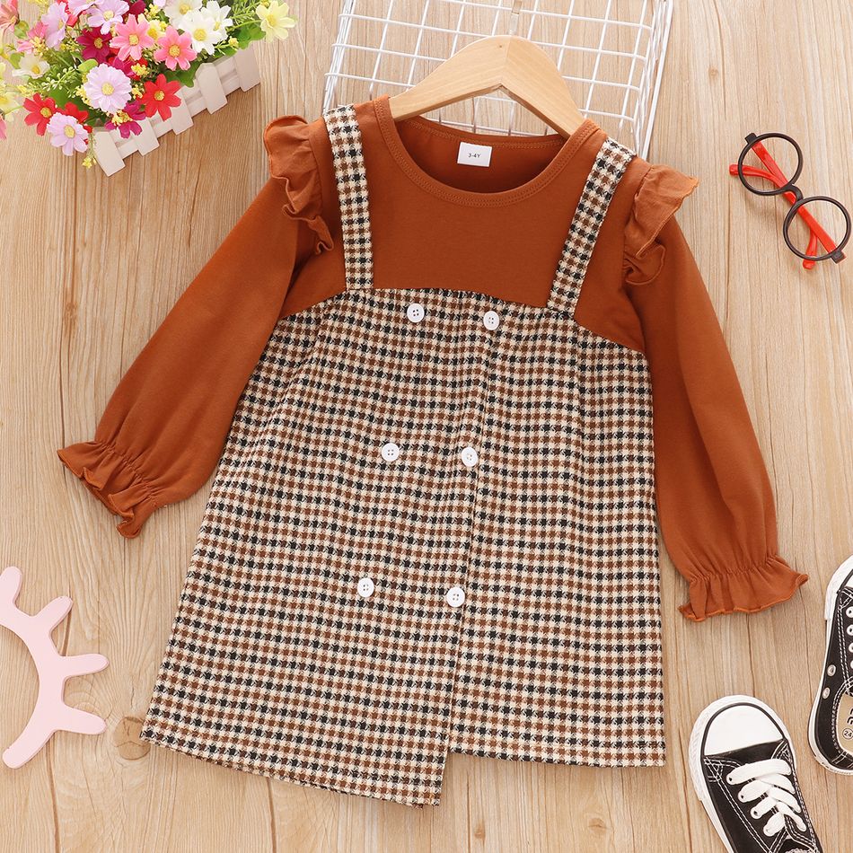 Toddler Girl Faux-two Ruffled Plaid Button Design Irregular Hem Long-sleeve Dress Brown