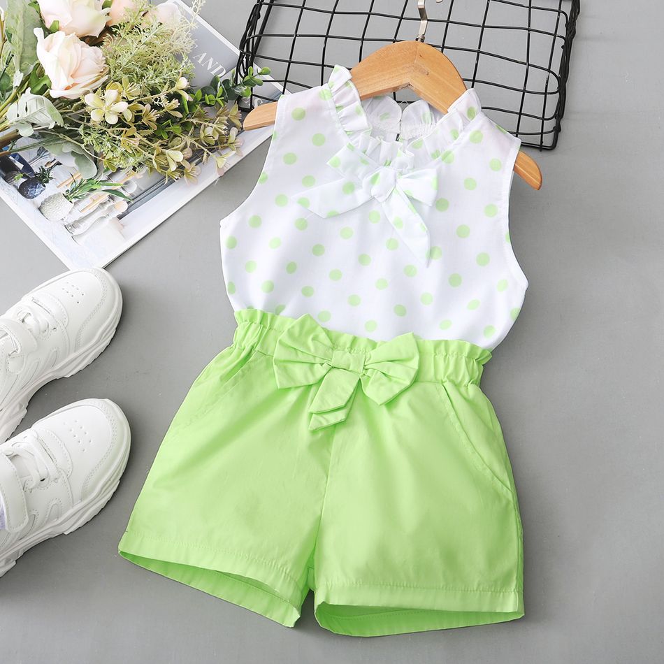 2pcs Baby Girl Green Polka Dots Sleeveless Bowknot Top and Shorts Set Green