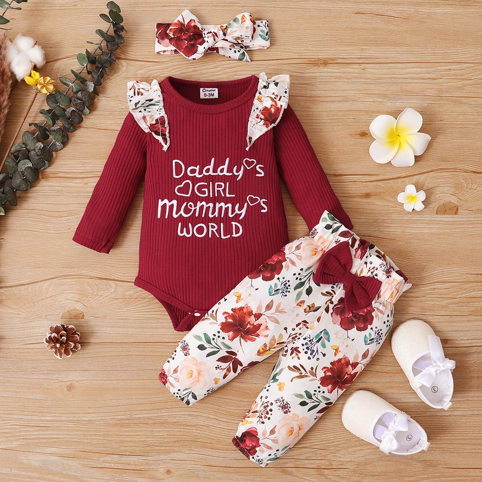 3pcs Baby Girl Letter Embroidered Red Ribbed Long-sleeve Romper and Floral Print Trousers Set Red