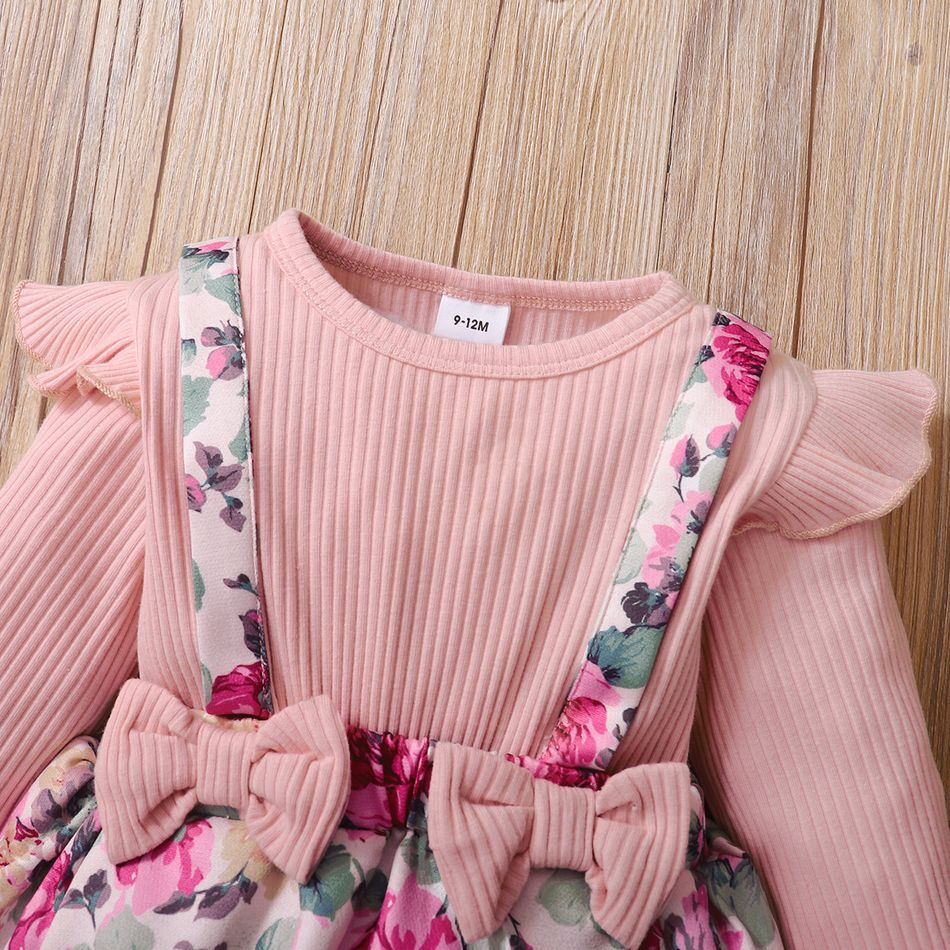 Baby Girl Pink Ribbed Long-sleeve Splicing Floral Print Romper Pink
