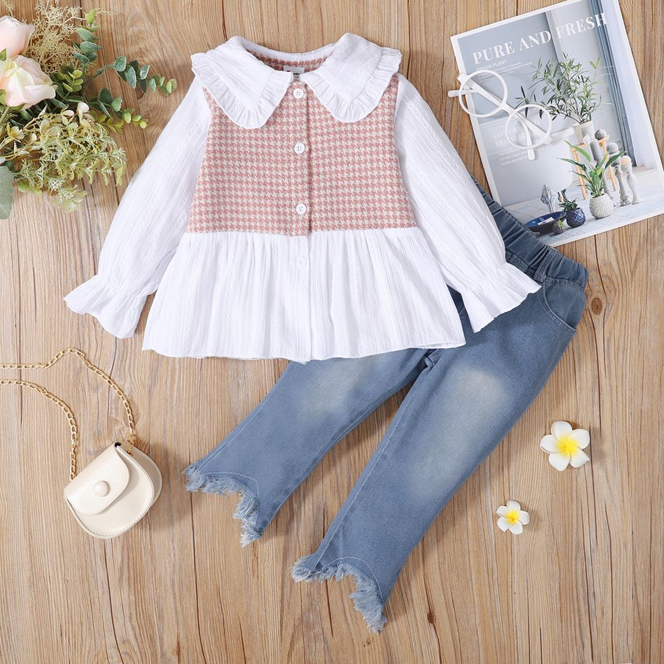 2-piece Toddler Girl Doll Collar Tweed Splice Long-sleeve Top and Ripped Hem Denim Jeans Set Pink big image 5