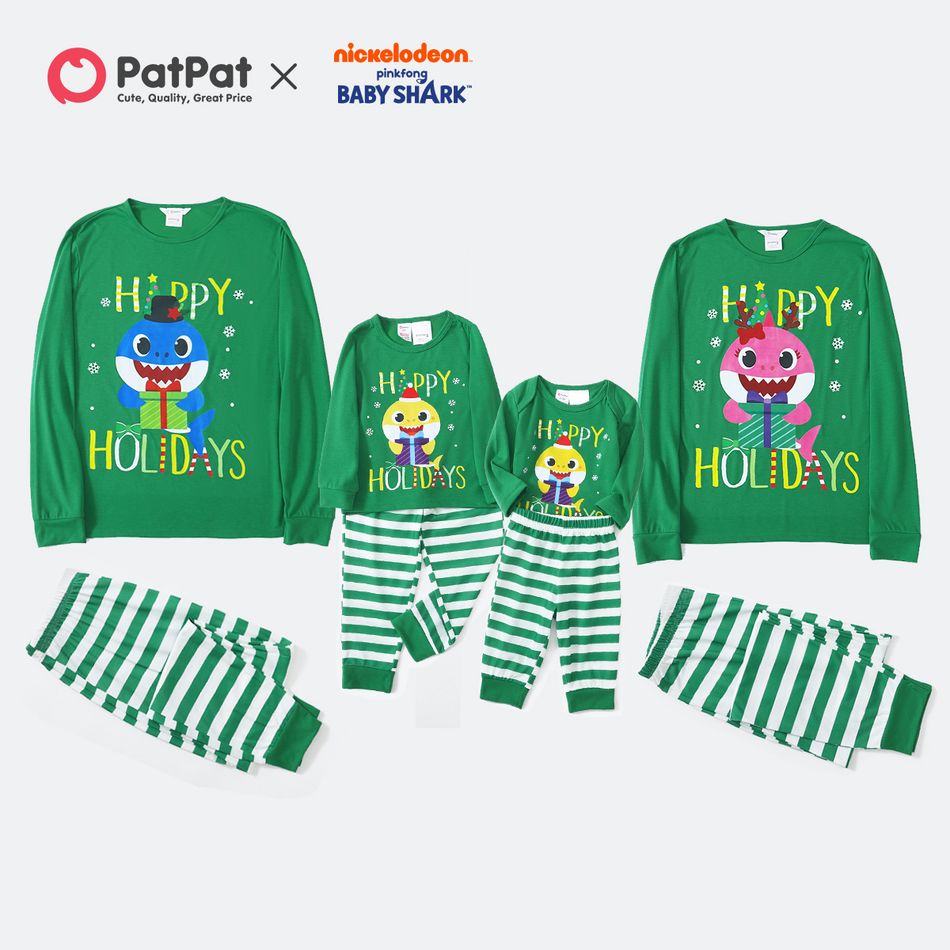 Baby Shark Family Matching Happy Holidays Green Top and Stripe Pants Christmas Pajamas Sets Green