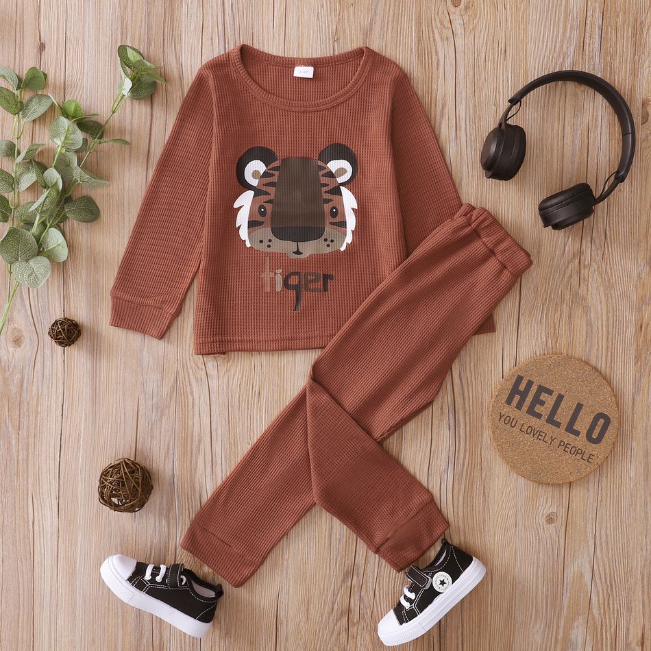 2-piece Toddler Boy/Girl Letter Animal Print Waffle Sweatshirt and Solid Color Pants Set Brown