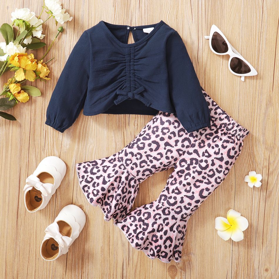 2pcs Baby Girl Solid Long-sleeve Ruched Top and Leopard Flared Pants Set Blue