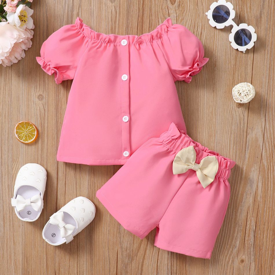 2pcs Baby Girl Button Design Short Puff-sleeve Top and Bowknot Shorts Set Pink