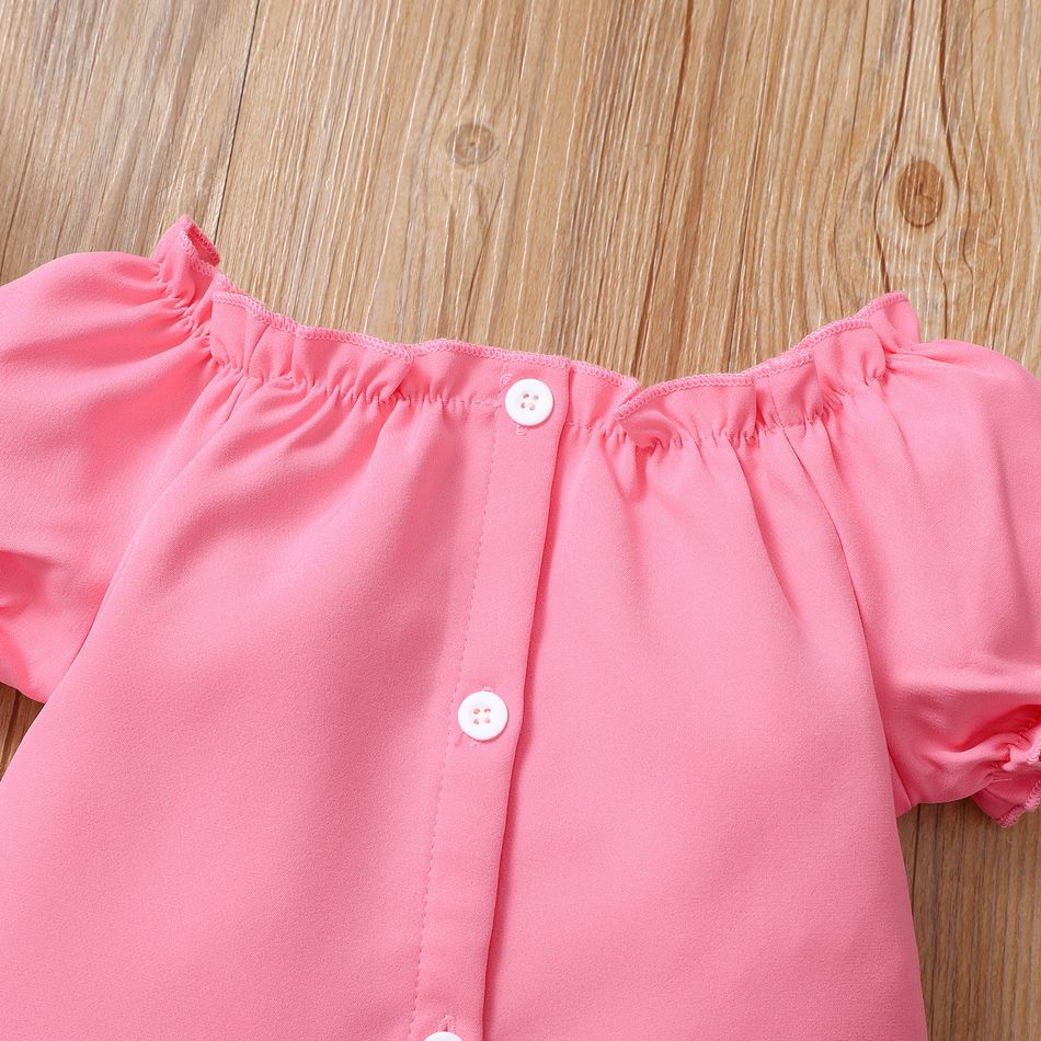 2pcs Baby Girl Button Design Short Puff-sleeve Top and Bowknot Shorts Set Pink big image 5