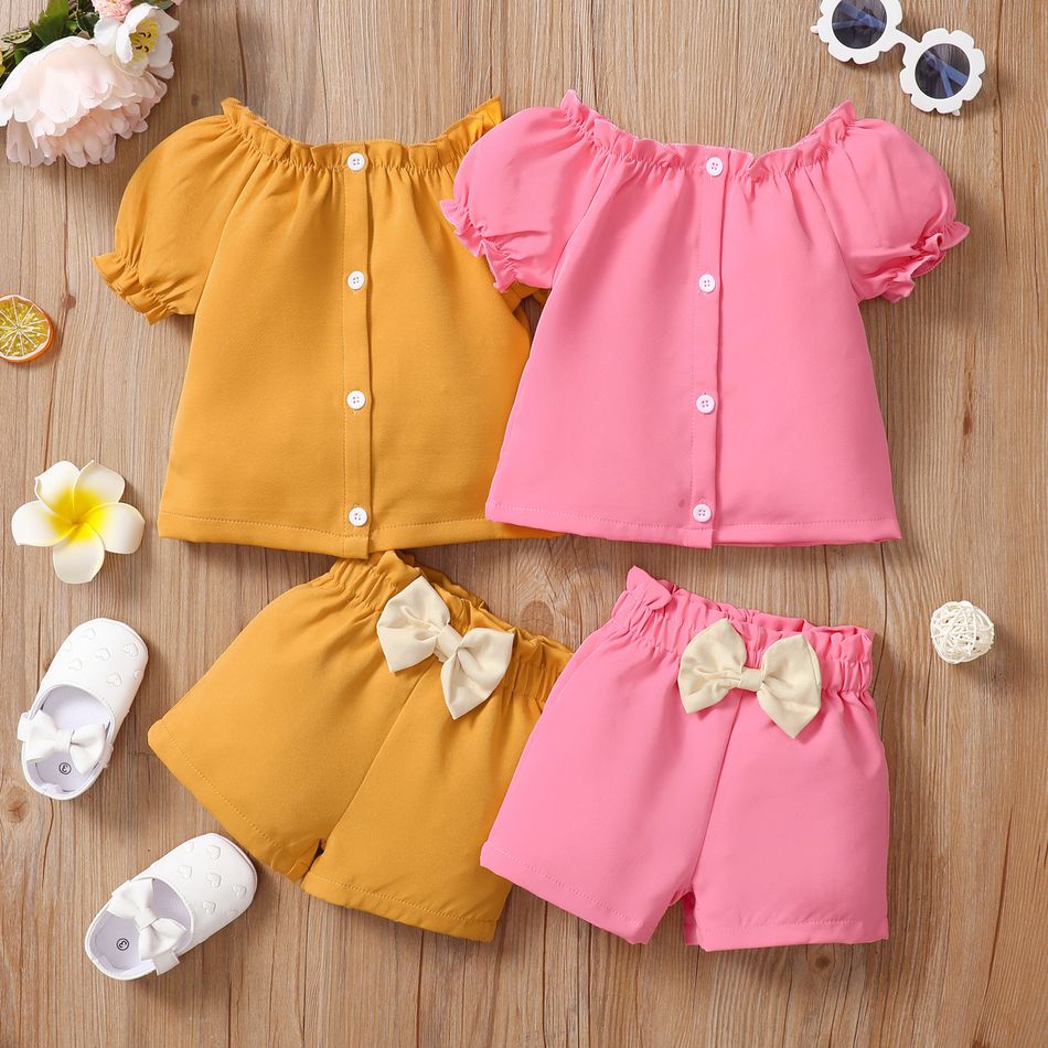 2pcs Baby Girl Button Design Short Puff-sleeve Top and Bowknot Shorts Set Pink big image 2