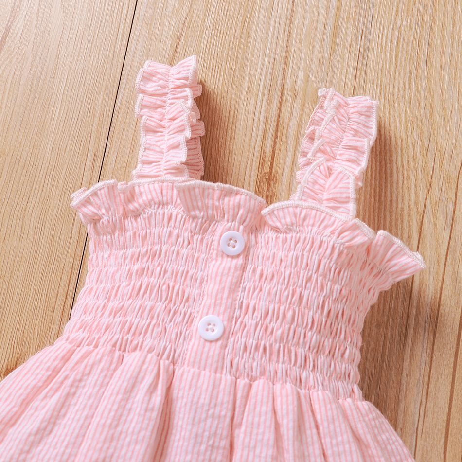 Baby Girl Button Design Pink Plaid Sleeveless Shirred Spaghetti Strap Ruffle Dress Pink big image 4