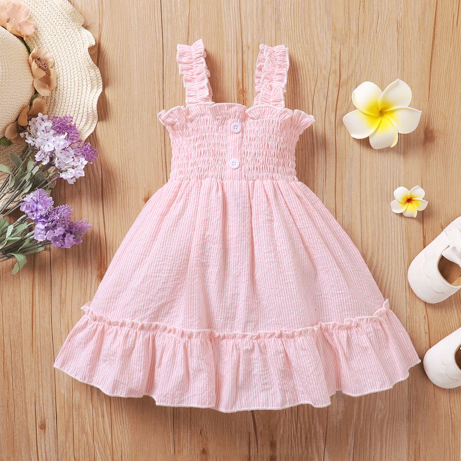 Baby Girl Button Design Pink Plaid Sleeveless Shirred Spaghetti Strap Ruffle Dress Pink big image 3