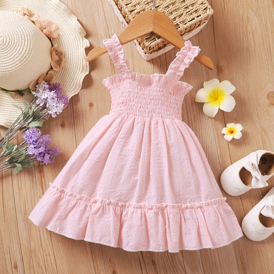 Baby Girl Button Design Pink Plaid Sleeveless Shirred Spaghetti Strap Ruffle Dress Pink big image 2