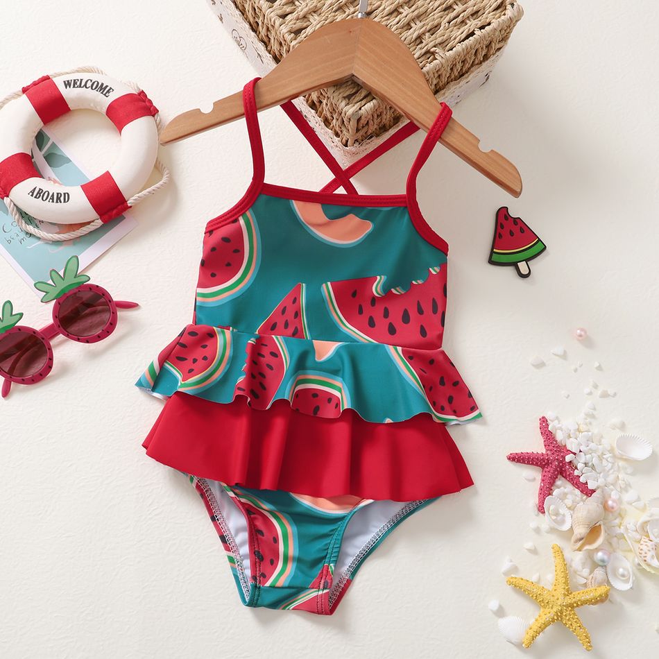 2pcs Baby Girl Allover Watermelon Print Spaghetti Strap Ruffle Two-Piece Swimsuit Multi-color