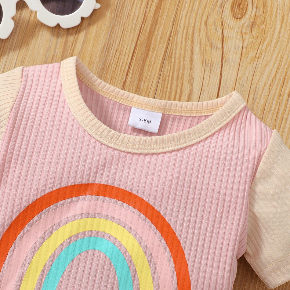 2pcs Baby Girl Rainbow Print Ribbed Short-sleeve Top and Shorts Set Pink big image 3