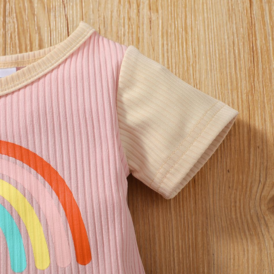 2pcs Baby Girl Rainbow Print Ribbed Short-sleeve Top and Shorts Set Pink big image 4