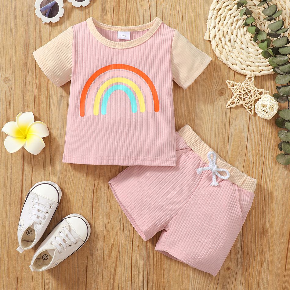 2pcs Baby Girl Rainbow Print Ribbed Short-sleeve Top and Shorts Set Pink big image 5