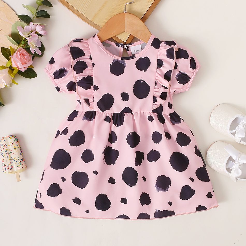 Baby Girl Allover Dots Print Puff-sleeve Ruffle Dress Pink big image 1
