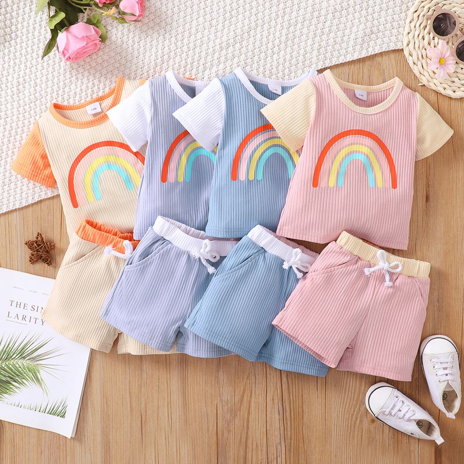 2pcs Baby Girl Rainbow Print Ribbed Short-sleeve Top and Shorts Set Pink big image 9