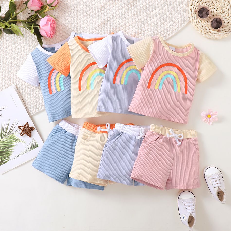 2pcs Baby Girl Rainbow Print Ribbed Short-sleeve Top and Shorts Set Pink big image 10