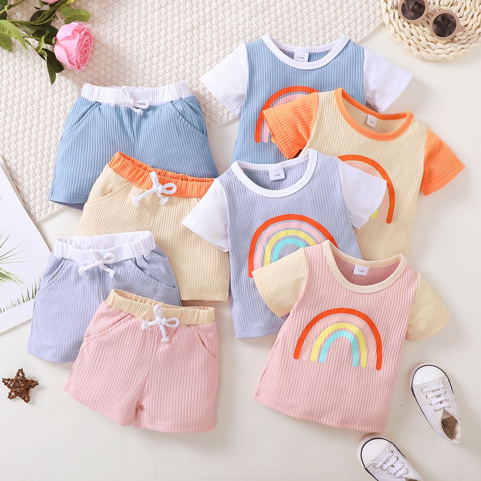 2pcs Baby Girl Rainbow Print Ribbed Short-sleeve Top and Shorts Set Pink big image 11