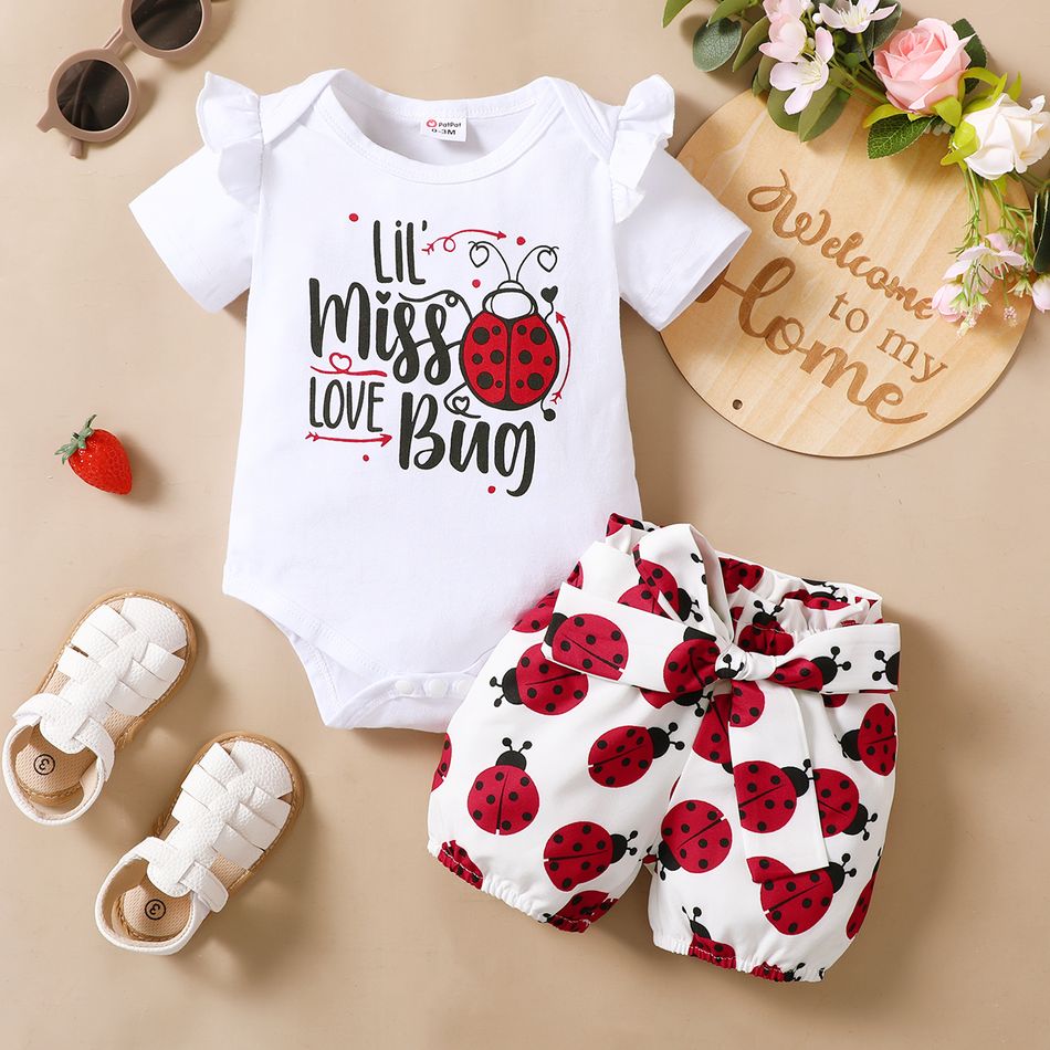 2pcs Baby Girl Cotton Ruffle Short-sleeve Letter and Ladybug Print Romper and Shorts Set White