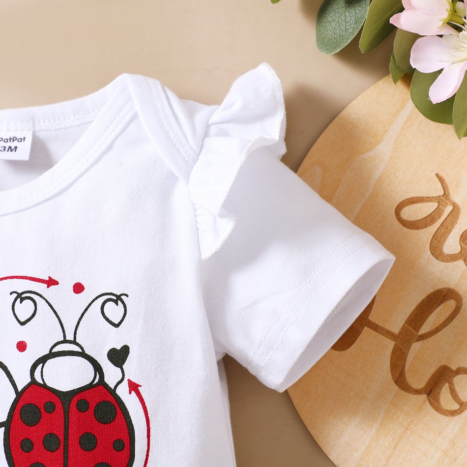 2pcs Baby Girl Cotton Ruffle Short-sleeve Letter and Ladybug Print Romper and Shorts Set White big image 4