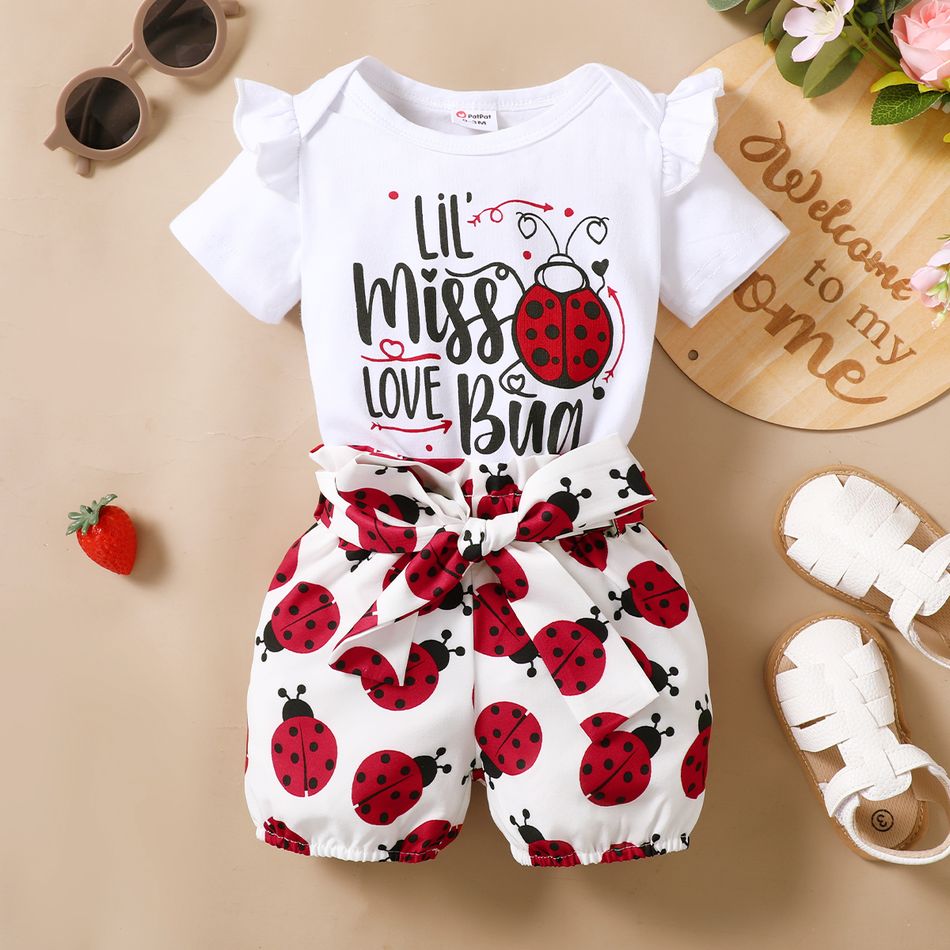 2pcs Baby Girl Cotton Ruffle Short-sleeve Letter and Ladybug Print Romper and Shorts Set White big image 3