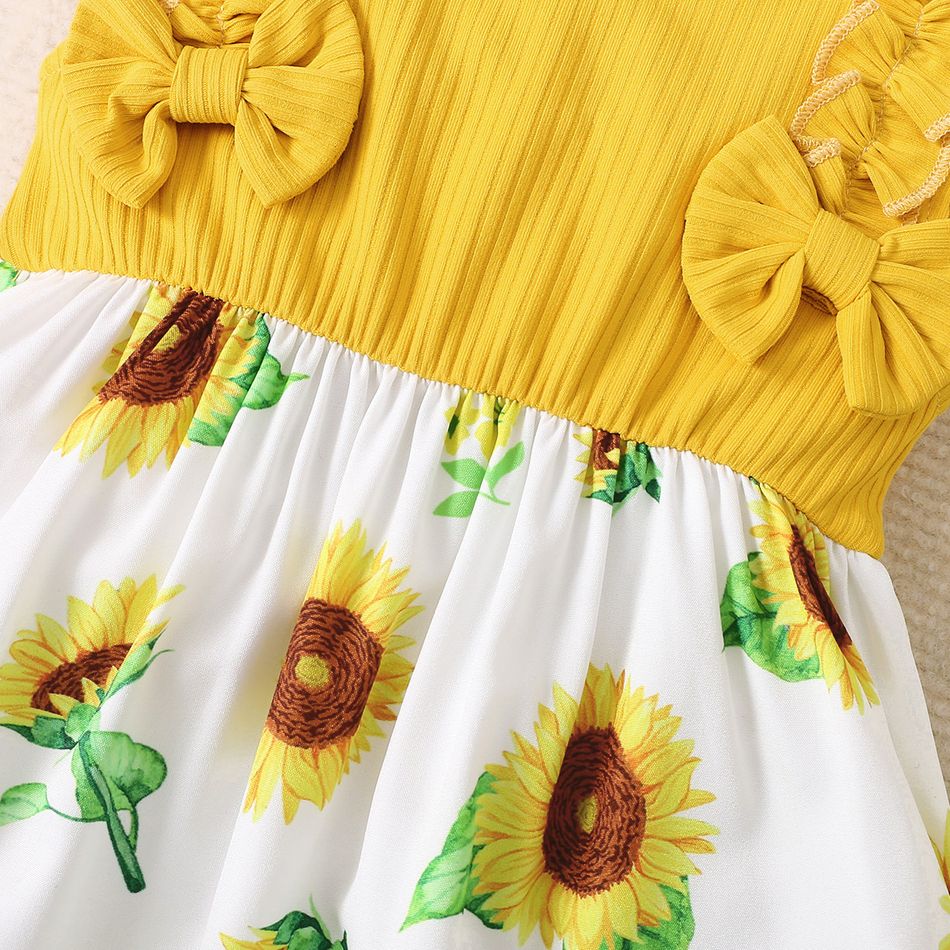 Baby Girl Yellow Ribbed Bowknot Ruffle Flutter-sleeve Splicing Sunflower Floral Print Dress Yellow big image 6