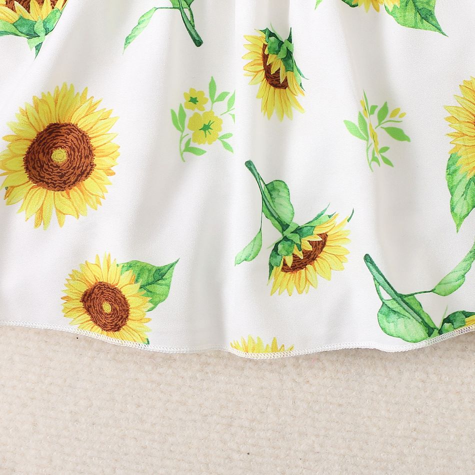 Baby Girl Yellow Ribbed Bowknot Ruffle Flutter-sleeve Splicing Sunflower Floral Print Dress Yellow