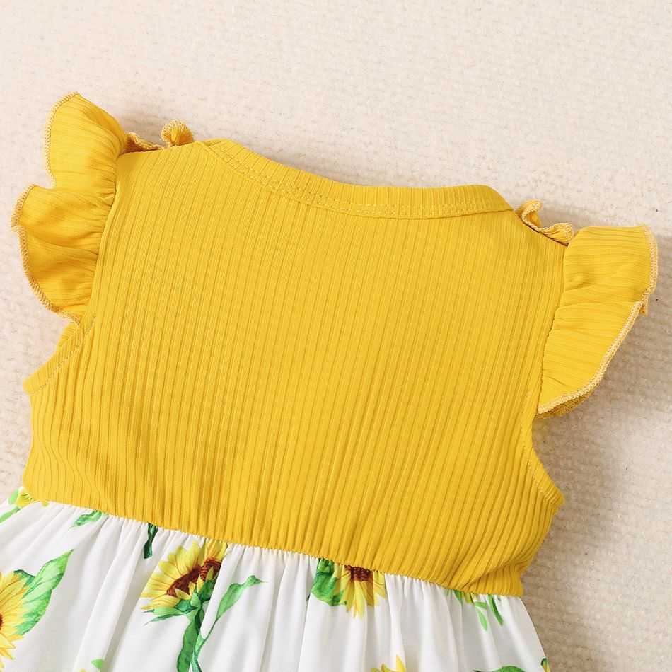 Baby Girl Yellow Ribbed Bowknot Ruffle Flutter-sleeve Splicing Sunflower Floral Print Dress Yellow big image 5