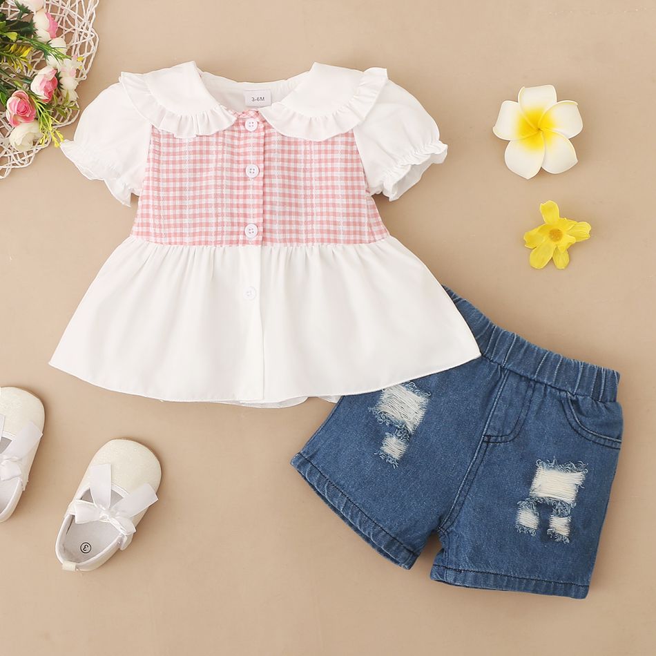 2pcs Baby Girl 95% Cotton Ripped Denim Shorts and Plaid Splicing Peter Pan Collar Puff-sleeve Button Up Top Set Pink big image 7