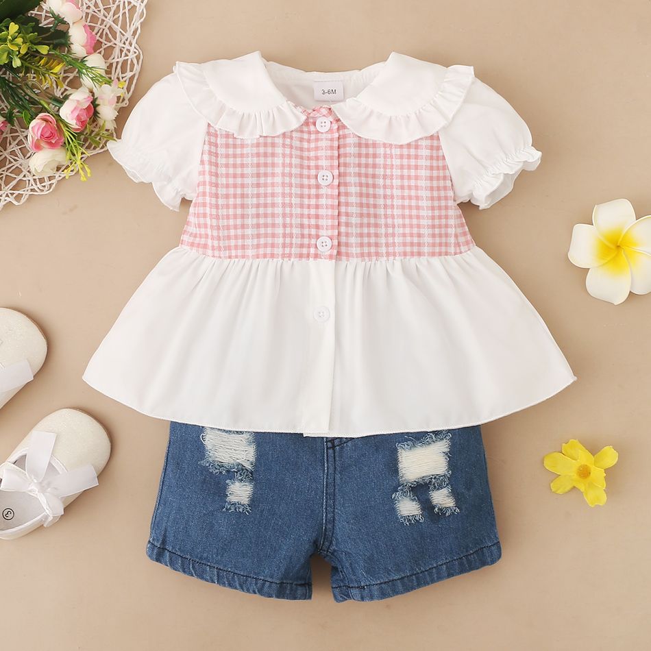 2pcs Baby Girl 95% Cotton Ripped Denim Shorts and Plaid Splicing Peter Pan Collar Puff-sleeve Button Up Top Set Pink big image 9