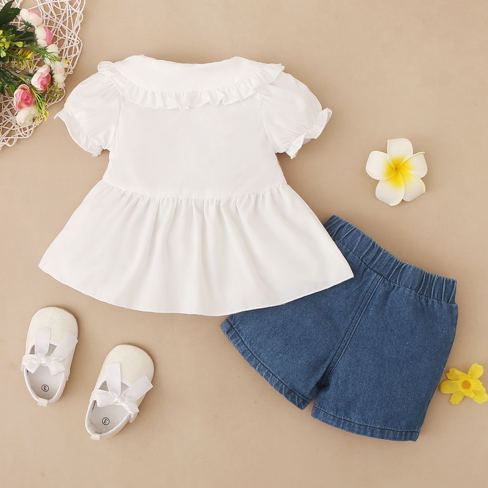 2pcs Baby Girl 95% Cotton Ripped Denim Shorts and Plaid Splicing Peter Pan Collar Puff-sleeve Button Up Top Set Pink