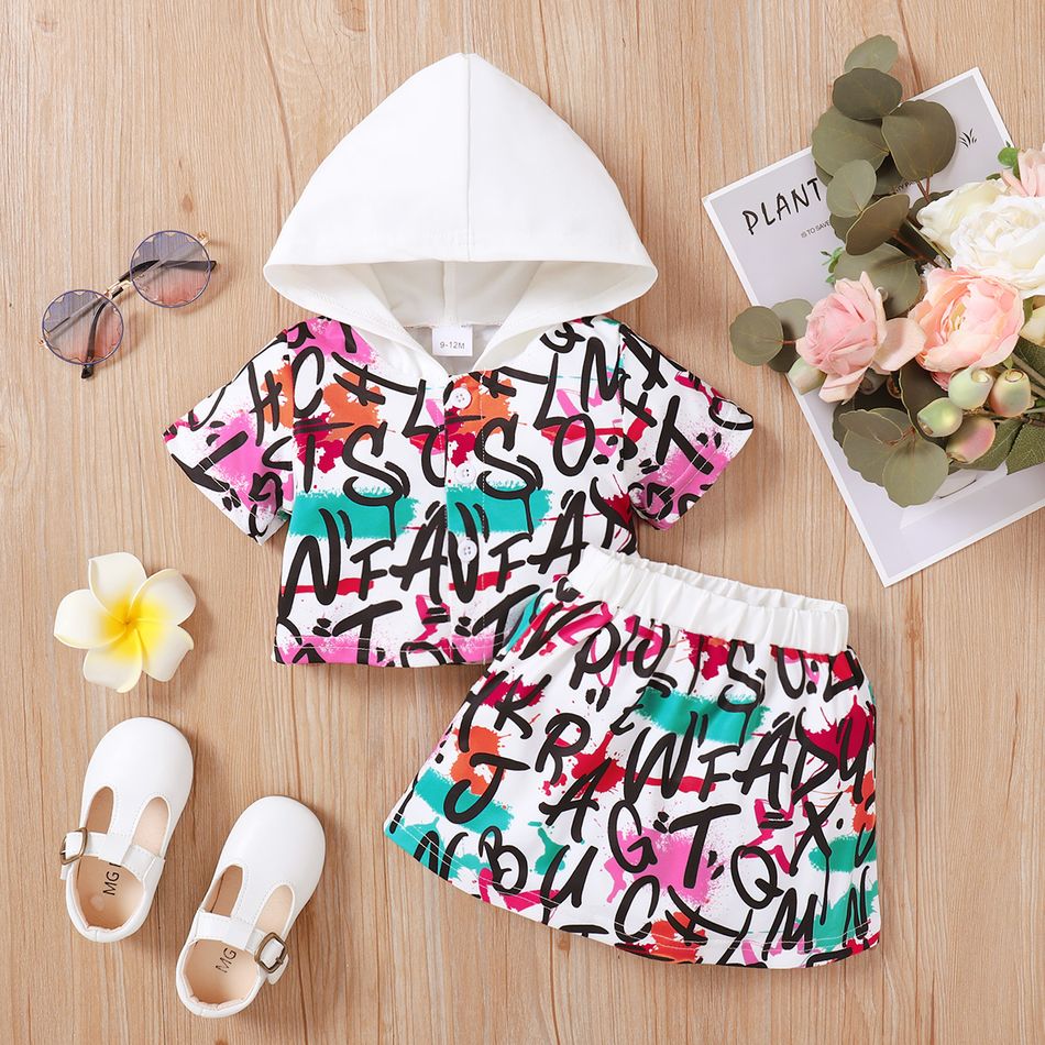 2pcs Baby Girl All Over Graffiti Letter Print Short-sleeve Hooded Top and Skirt Set Colorful