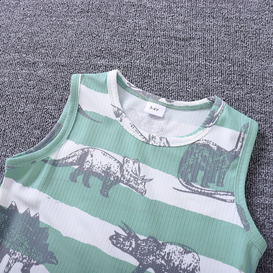 2pcs Toddler Boy Playful Dinosaur Print Striped Tank Top and Shorts Set Green