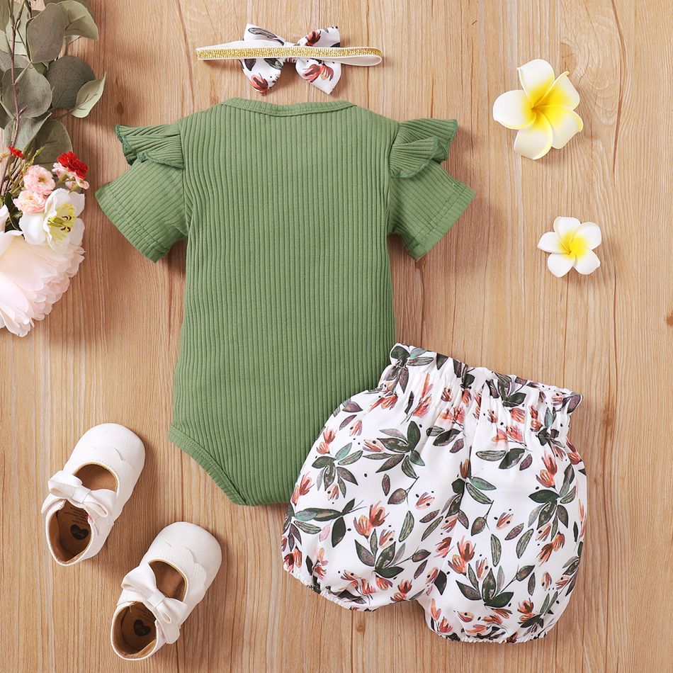 3pcs Baby Girl 95% Cotton Ribbed Ruffle Short-sleeve Letter Embroidered Romper and Allover Floral Print Shorts with Headband Set Army green big image 2