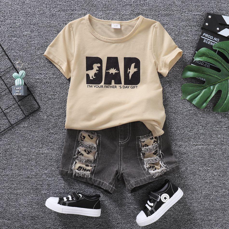 Father's Day 2pcs Toddler Boy Ripped Denim Shorts and Letter Print Short-sleeve Tee Set Khaki