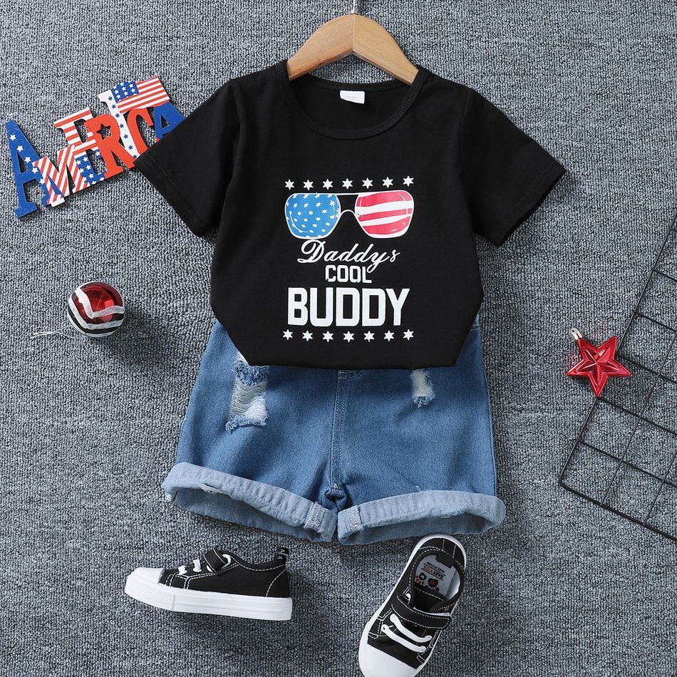 Independence Day 2pcs Toddler Boy Ripped Denim Shorts and Letter Print Tee Set Black