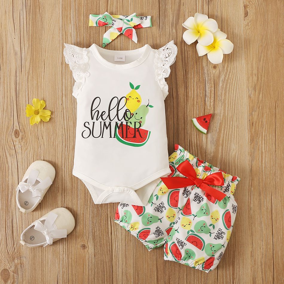 3pcs Baby Girl Lace Flutter-sleeve Cartoon Fruits Print Romper and Bow Front Shorts with Headband Set White