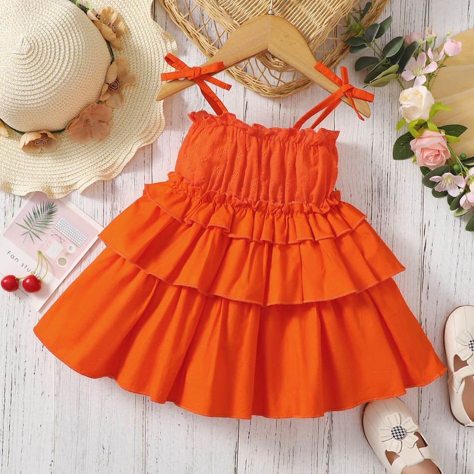 100% Cotton Baby Girl Eyelet Embroidered Solid Layered Ruffle Trim Cami Dress Orange