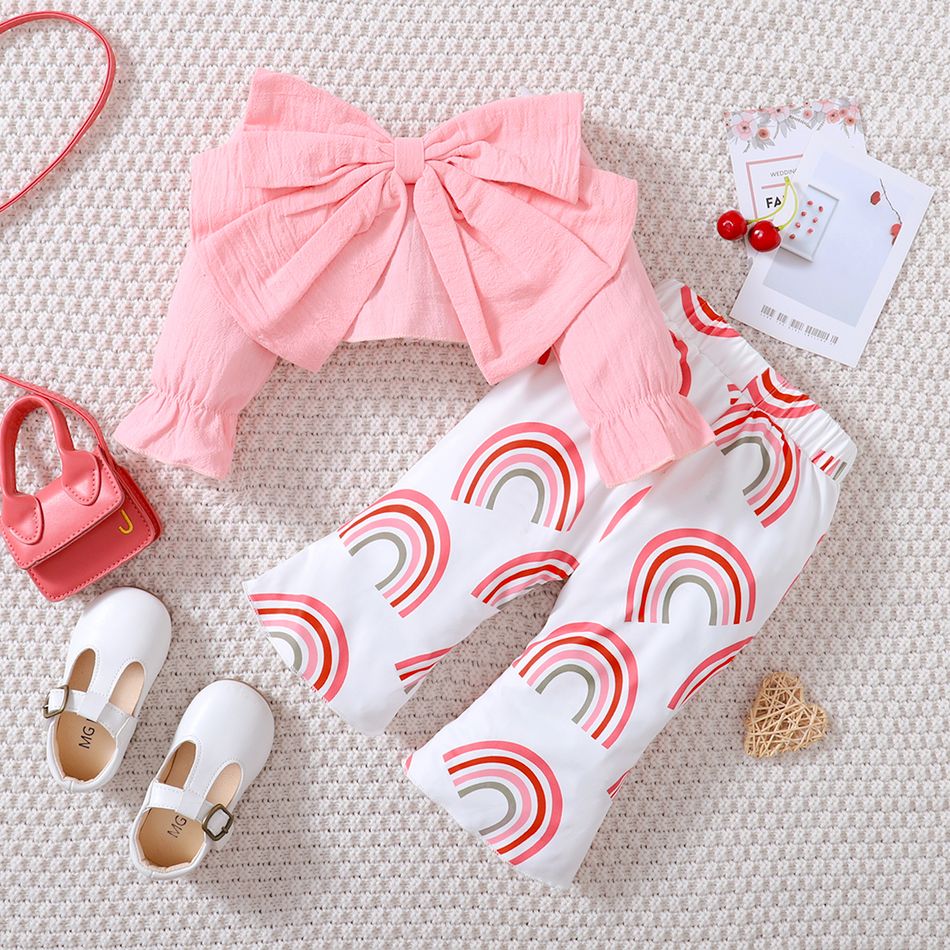 2pcs Baby Girl 100% Cotton Long-sleeve Bow Front Shirred Crop Top and Allover Rainbow Print Flared Pants Set Pink