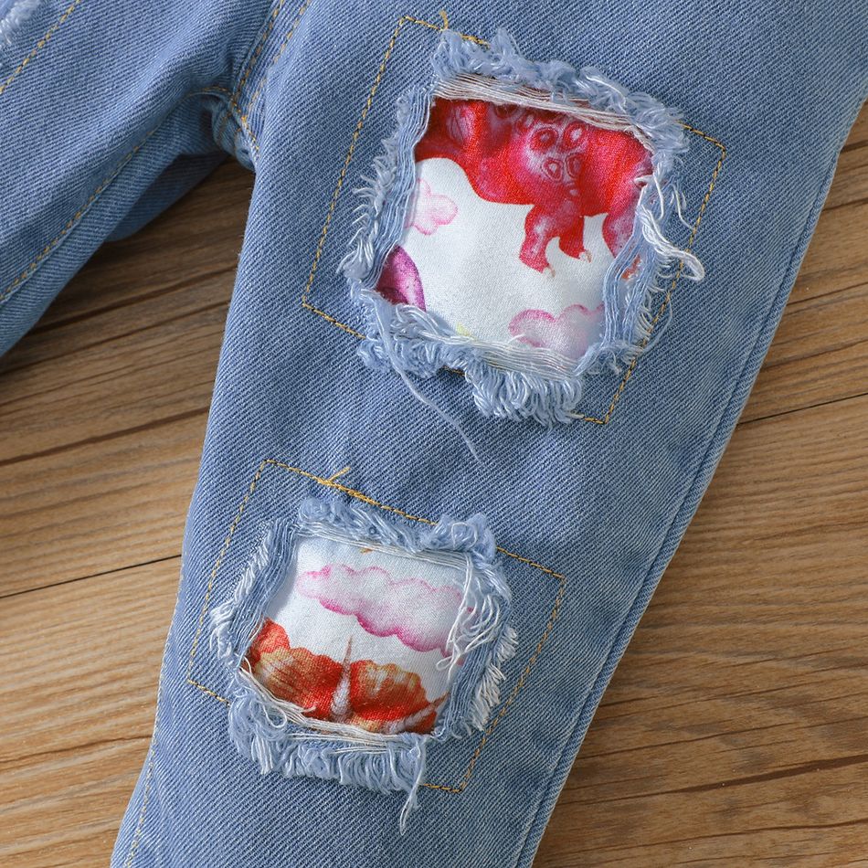 2pcs Baby Girl 95% Cotton Ripped Jeans and Allover Dinosaur Print Ruffle Short-sleeve Top Set Multi-color big image 8