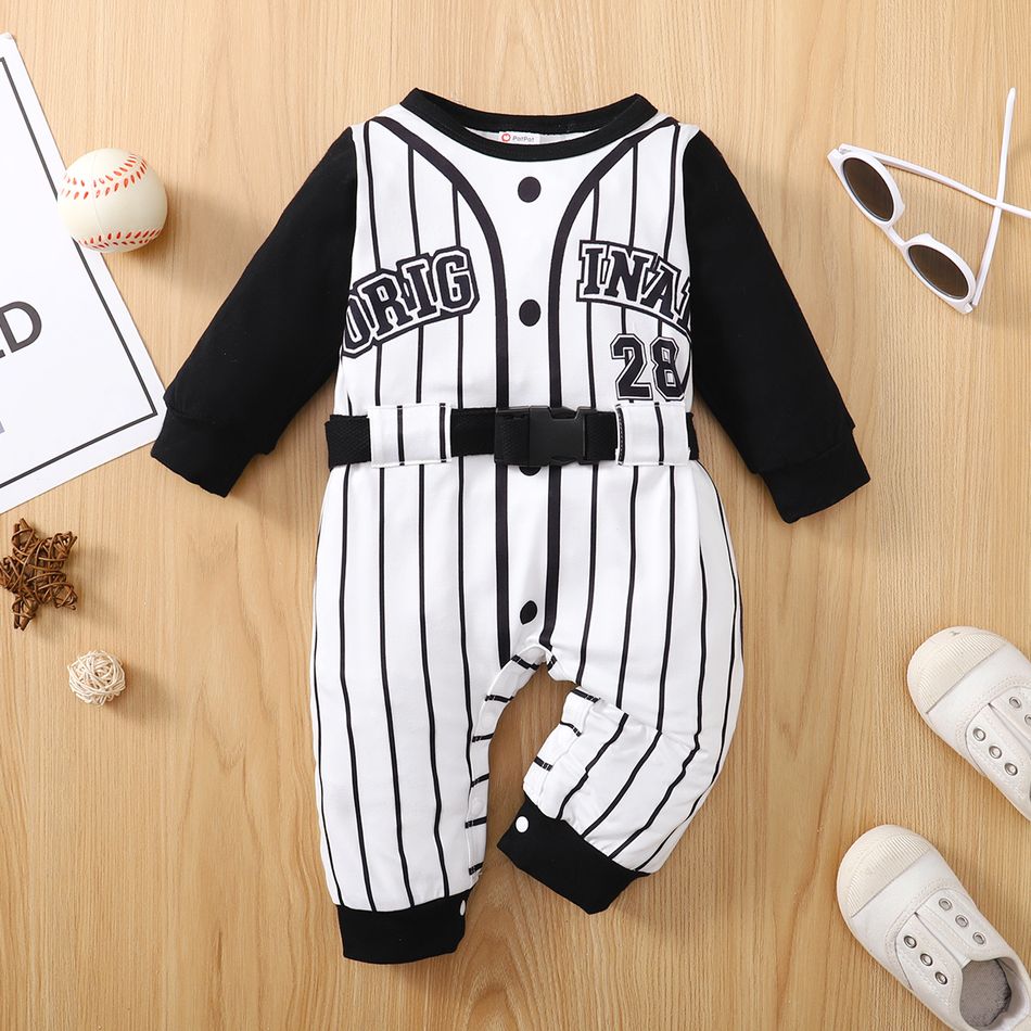 Baby Boy Number & Letter Print Striped Long-sleeve Jumpsuit White