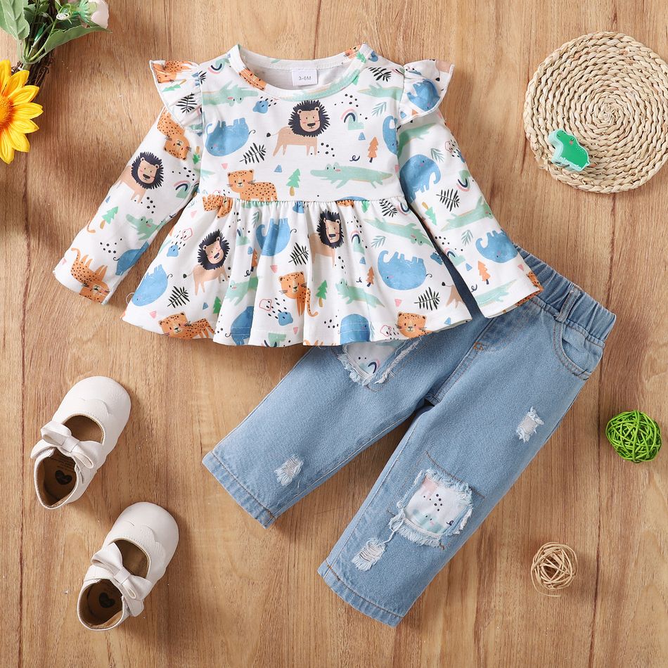 2pcs Baby Girl 95% Cotton Ripped Jeans and Allover Animal Print Long-sleeve Top Set Multi-color big image 3