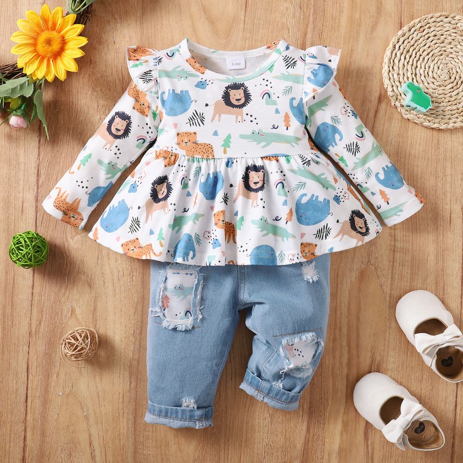 2pcs Baby Girl 95% Cotton Ripped Jeans and Allover Animal Print Long-sleeve Top Set Multi-color big image 1
