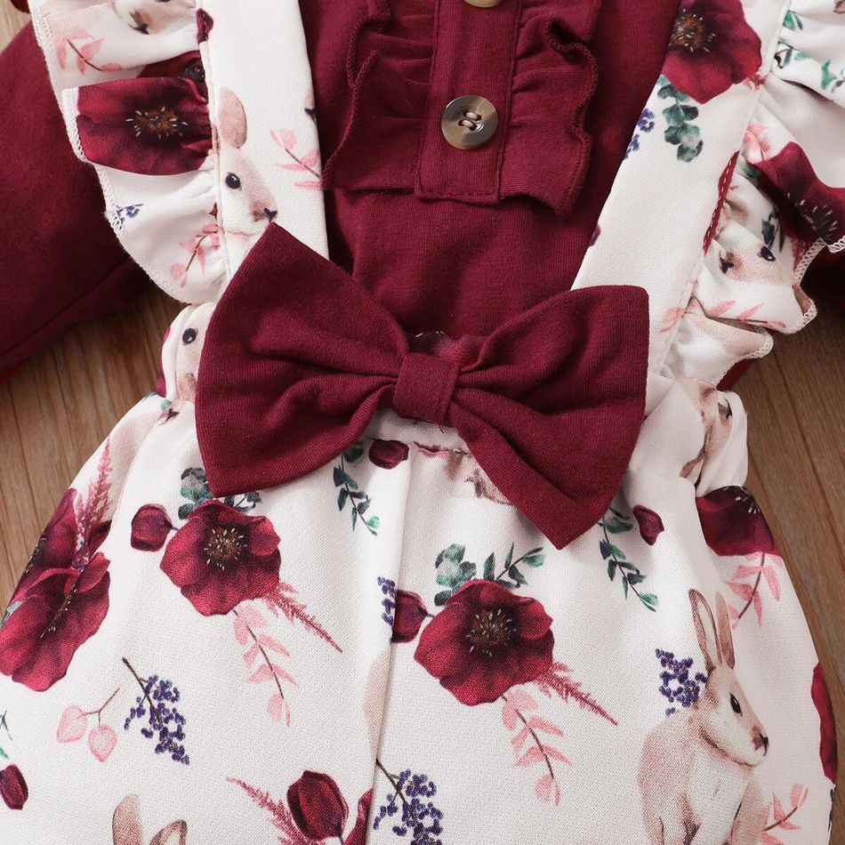 3pcs Baby Girl 95% Cotton Long-sleeve Romper and Floral Print Ruffle Overalls with Headband Set Burgundy big image 7