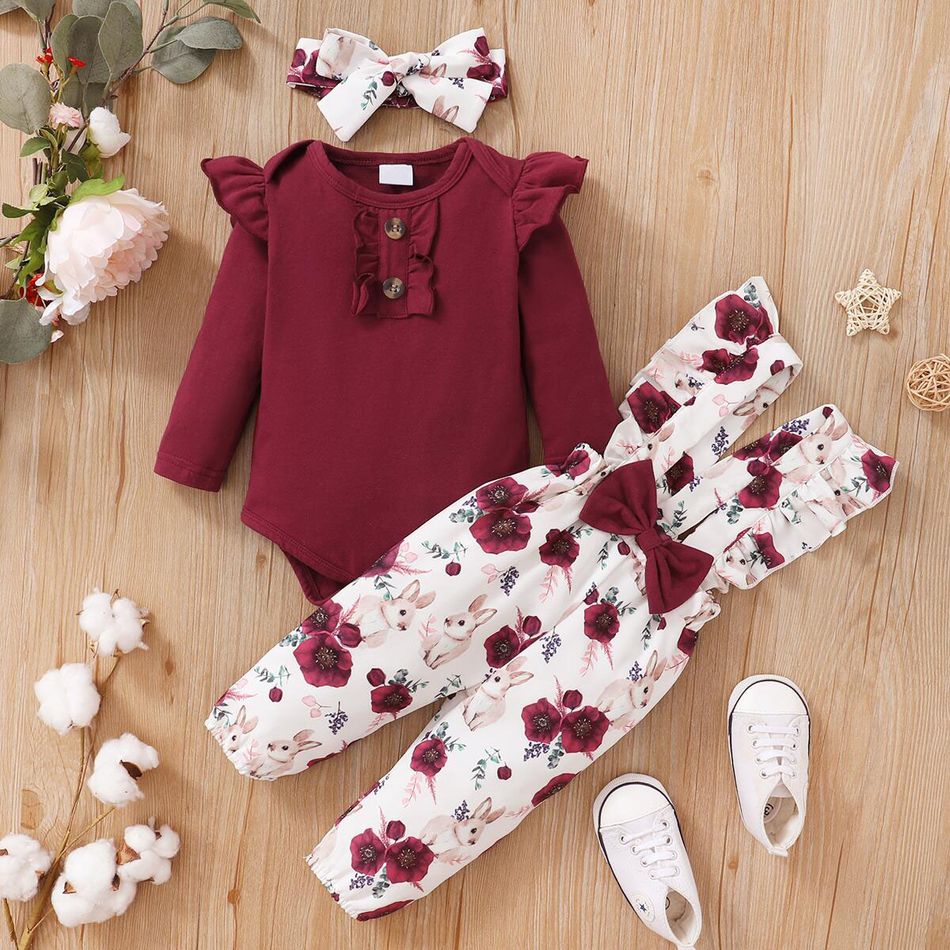3pcs Baby Girl 95% Cotton Long-sleeve Romper and Floral Print Ruffle Overalls with Headband Set Burgundy